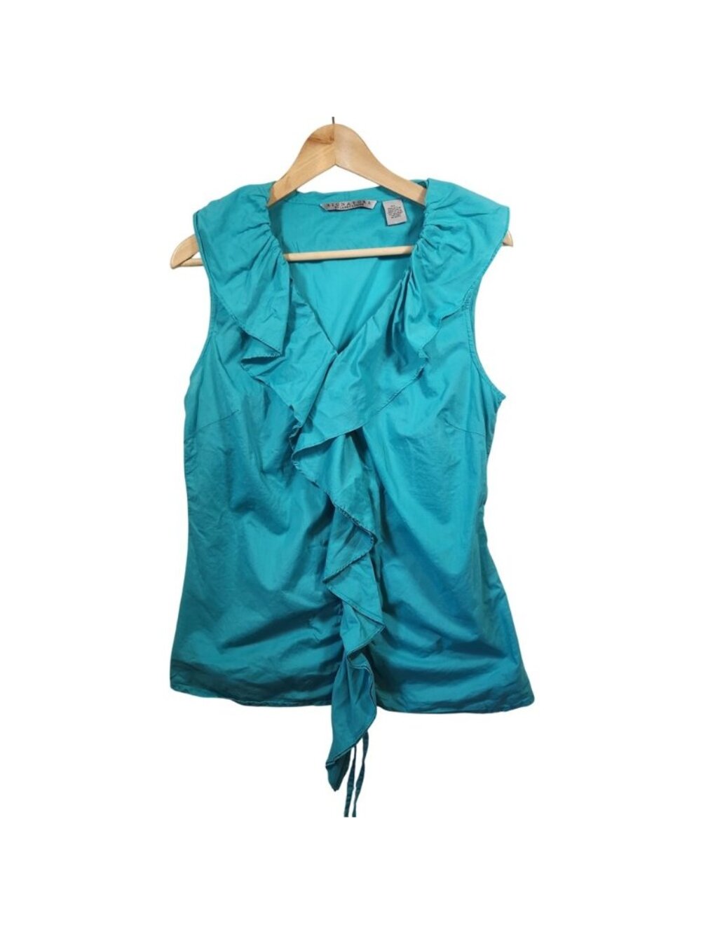 Signature by Larry Levine Turquoise Blue Ruffle Front Sleeveless Blouse XLCotton